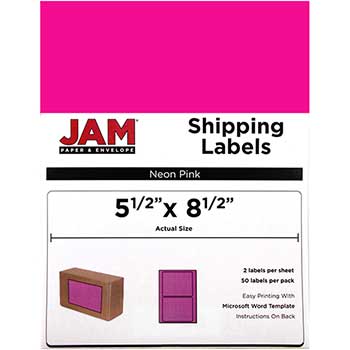 JAM Paper Shipping Labels, Half Page, 5 1/2&quot; x 8 1/2&quot; , Neon Pink, 50 Labels