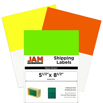 JAM Paper Shipping Labels, Half Page, 5 1/2&quot; x 8 1/2&quot;, Assorted Bright Neon Colors, 150/PK
