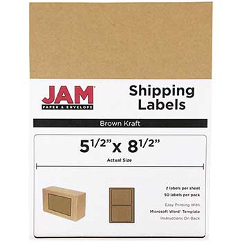JAM Paper Shipping Labels, Half Page, 5 1/2&quot; x 8 1/2&quot; , Brown Kraft, 50 Labels