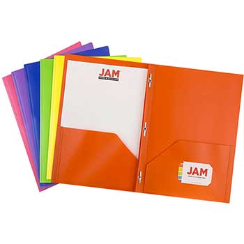 JAM Paper Plastic 2 Pocket School POP Presentation Folders with Prong Clasp Fasteners, Assorted Primary Colors, 6/PK