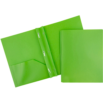 JAM Paper Plastic 2 Pocket School POP Presentation Folders with Prong Clasp Fasteners, Lime Green, 6/PK