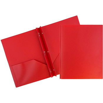 JAM Paper Plastic 2 Pocket School POP Presentation Folders with Prong Clasp Fasteners, Red, 6/PK