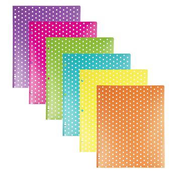 JAM Paper Plastic Color POP Folders, 2 Pocket Durable Folders with 3 Hole Punch, Assorted Polka Dot Colors, 6/PK