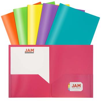 JAM Paper Plastic 2 Pocket School POP Presentation Folders, Assorted Fashion Colors, 6/PK