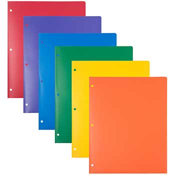 JAM Paper Plastic Heavy Duty 3 Hole Punch 2 Pocket School Presentation Folders, Assorted Primary Colors, 6/PK