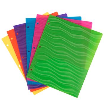 JAM Paper Heavy Duty Plastic Two-Pocket 3-Hole Punch School Folders, Assorted Wave Colors, 6/PK