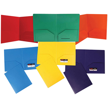 JAM Paper Plastic Heavy Duty 2 Pocket School Presentation Folders, Assorted Primary Colors, 6/PK
