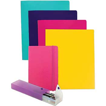 JAM Paper Back To School Assortments, Pink, 4 Heavy Duty Folders, 1 Pink Journal, 1 Purple Pencil Case, 6/ST