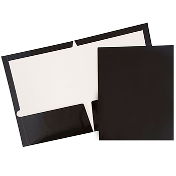JAM Paper Laminated Two-Pocket Glossy Folders, Black, 100/CT