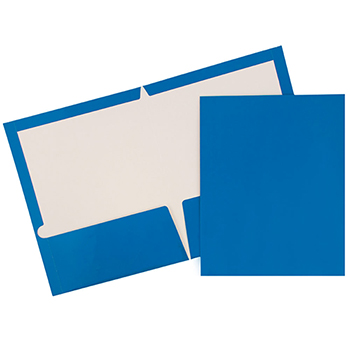JAM Paper Laminated Two-Pocket Glossy Folders, Blue, 100/CT