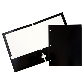JAM Paper Laminated Two-Pocket Glossy 3 Hole Punch Folders, Black, 100/CT