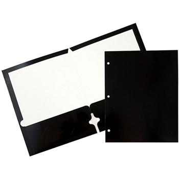 JAM Paper Laminated Glossy 2 Pocket 3 Hole Punch School Presentation Folders, Black, 6/PK