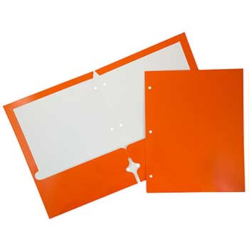 JAM Paper Laminated Two Pocket Folders, Glossy, 3 Hole Punch, Orange, 100/CT