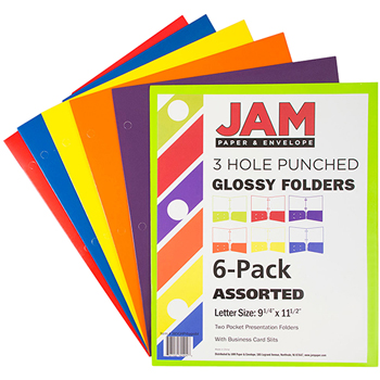 JAM Paper Laminated Glossy 2 Pocket 3 Hole Punch School Presentation Folders, Assorted Colors, 6/PK