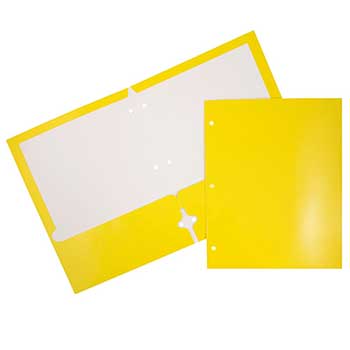 JAM Paper Laminated Two Pocket Folders, Glossy, 3 Hole Punch, Yellow, 100/CT