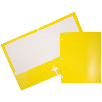 JAM Paper Laminated Glossy 2 Pocket 3 Hole Punch School Presentation Folders, Yellow, 6/PK