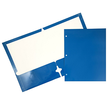 JAM Paper Laminated Two-Pocket Glossy 3 Hole Punch Folders, Blue, 25/PK