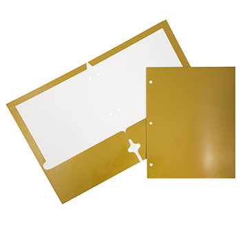 JAM Paper Laminated Two-Pocket Glossy 3 Hole Punch Folders, Gold, 100/BX