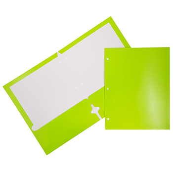 JAM Paper Laminated Two-Pocket Glossy 3 Hole Punch Folders, Lime Green, 25/PK