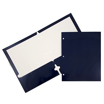 JAM Paper Laminated Two-Pocket Glossy 3 Hole Punch Folders, Navy Blue, 100/CT