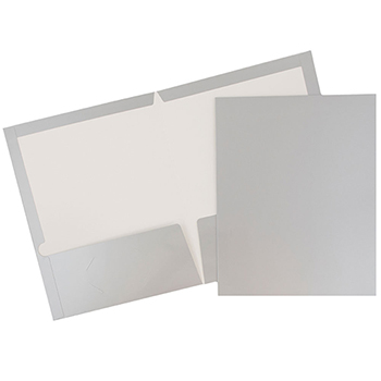 JAM Paper Laminated Two-Pocket Glossy Folders, Silver, 100/CT