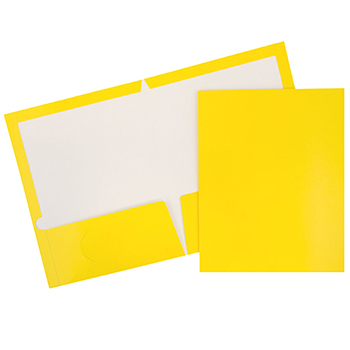 JAM Paper Laminated Two-Pocket Glossy Folders, Yellow, 25/PK