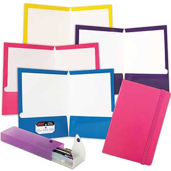 JAM Paper Back To School Assortments, Pink, 4 Glossy Folders, 1 Pink Journal, 1 Purple Pencil Case, 6/ST
