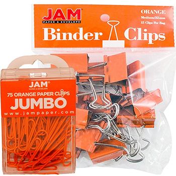 JAM Paper Office Desk Supplies Bundle, Orange, Jumbo Paper Clips &amp; Binder Clips, 2/PK