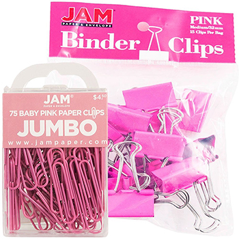 JAM Paper Office Desk Supplies Bundle, Pink, Jumbo Paper Clips &amp; Binder Clips, 2/PK