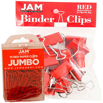 JAM Paper Office Desk Supplies Bundle, Red, Jumbo Paper Clips &amp; Binder Clips, 2/PK