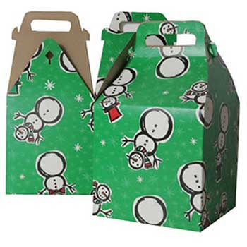 JAM Paper Gable Gift Box with Handle Large, 8&quot; x 7 1/4&quot; x 8&quot;, Green Snowman Design