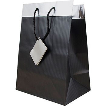 JAM Paper Gift Bags, 10&quot; x 13&quot; x 6&quot;, Black Pinstripe with Silver Top, 24/PK