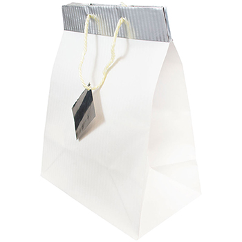 JAM Paper Gift Bag, 10&quot; x 13&quot; x 6&quot;, White Pinstripe with Silver Top
