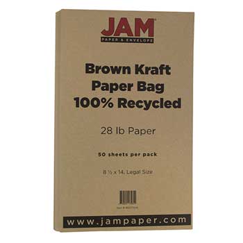 JAM Paper Colored Paper, 28 lb, 8.5&quot; x 14&quot;, Recycled Brown Kraft, 50 Sheets/Pack