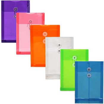 JAM Paper Plastic Envelopes with Button &amp; String Tie Closure, 6 1/4&quot; x 9 1/4&quot;, Assorted Colors, 6/PK
