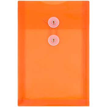 JAM Paper Plastic Envelopes with Button &amp; String Tie Closure, 6 1/4&quot; x 9 1/4&quot;, Bright Orange, 12/PK