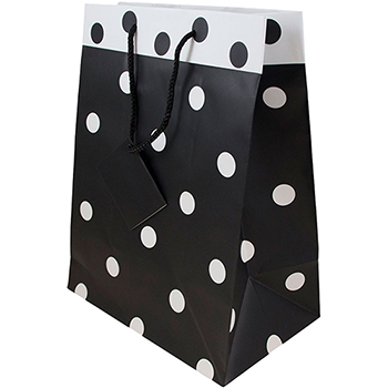 JAM Paper Gift Bags, 10&quot; x 13&quot; x 6&quot;, Black &amp; White Polka Dot Matte, 24/PK
