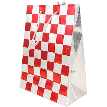 JAM Paper Gift Bags, 8&quot; x 10&quot; x 4&quot;, Red &amp; Silver Checkered, 24/PK