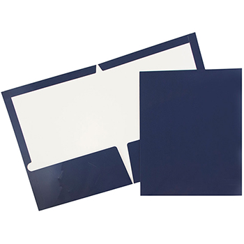 JAM Paper Laminated Two-Pocket Glossy Folders, Navy Blue, 100/BX