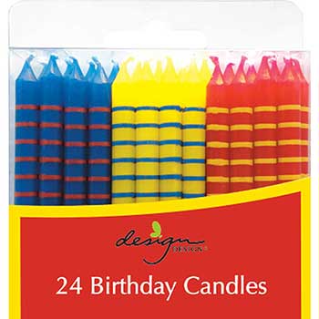 JAM Paper Birthday Candle Sticks, 2 3/8&quot; x 1/4&quot;, Blue, Yellow &amp; Red with Stripes, 24/PK
