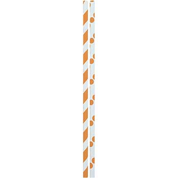 JAM Paper Color Paper Straws, 7 3/4&quot; x 1/4&quot;, Orange Stripes &amp; Dots, 24/PK