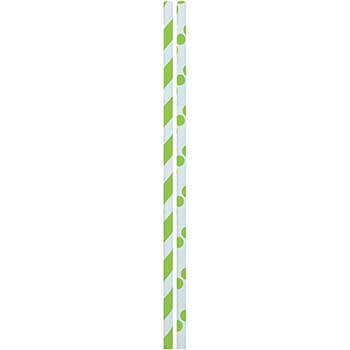 JAM Paper Color Paper Straws, 7 3/4&quot; x 1/4&quot;, Lime Green Stripes &amp; Dots, 24/PK