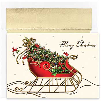 JAM Paper Christmas Holiday Cards Set with Envelopes, Peace and Joy Holiday Sleigh, 16 Card Set