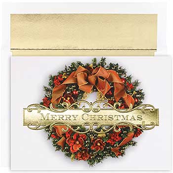 JAM Paper Christmas Card Set, Peace and Joy Christmas Wreath, 18 Card Set