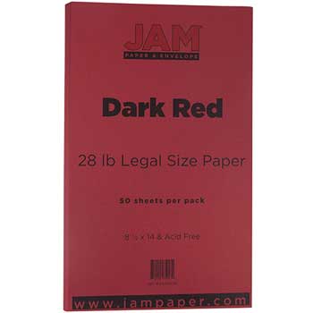JAM Paper Colored Paper, 28 lb, 8.5&quot; x 14&quot;, Dark Red, 50 Sheets/Pack