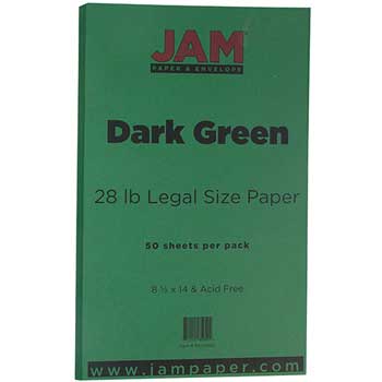 JAM Paper Colored Paper, 28 lb, 8.5&quot; x 14&quot;, Dark Green, 50 Sheets/Pack