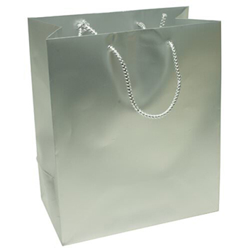 JAM Paper Foil Gift Bag with Rope Handle, 8&quot; x 4&quot; x 10&quot;, Silver