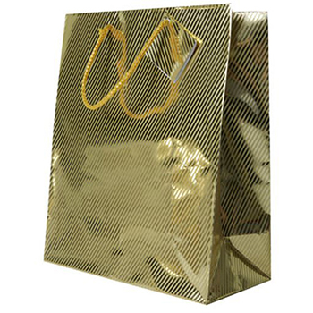 JAM Paper Diagonal Pinstripe Shopping Bag, 10&quot; x 13&quot; x 5&quot;, Gold Foil