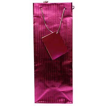 JAM Paper Wine Gift Bags, 5&quot; x 3 1/2&quot; x 13&quot;, Fuchsia Foil Vertical Pinstripe