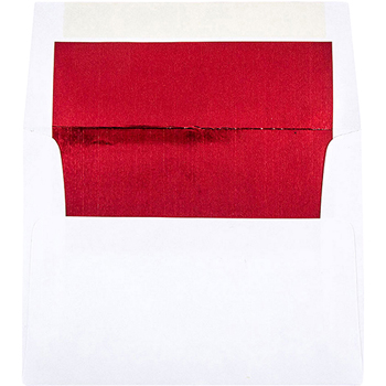 JAM Paper Foil Lined Booklet Invitation Envelope, A2 (4 3/8&quot; x 5 3/4&quot;) White with Red Lining, 25/PK